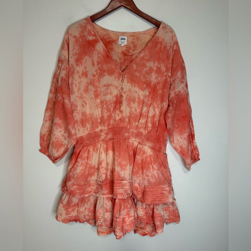 AERIE Boho Tie-Dye V-Neck ruffle dress - Coral & Cream size XXL